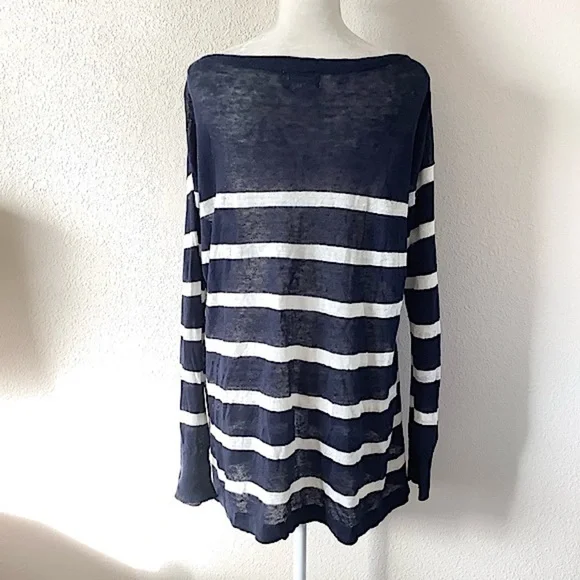 DENIM & SUPPLY Ralph Lauren Linen Tunic Sweater L Breton Stripe Navy Lightweight - Picture 10 of 11